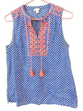 J. Crew Factory Womens Sz 6 Sleeveless Boho Tassel Tie Printed Top Blue